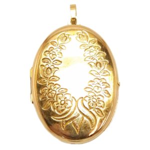 Vintage 9ct Gold Oval Floral Patterned Locket Pendant