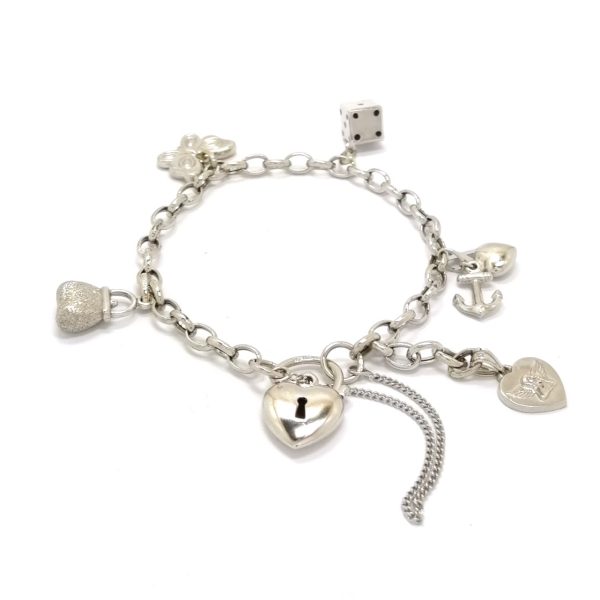 9ct White Gold Charm Bracelet With Padlock Clasp & 5 Charms.
