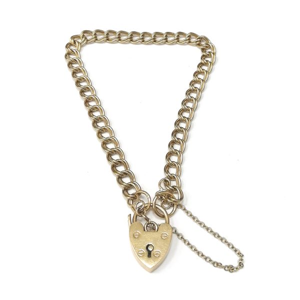 9ct Gold Double Curb Heart Lock Bracelet