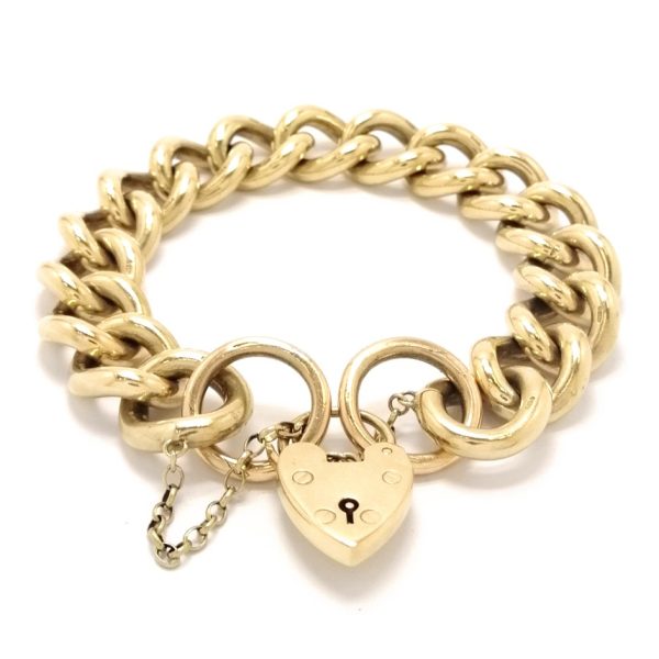 Vintage 9ct Gold Solid Curb Link Charm Bracelet With Padlock & Safety Chain 115.9g