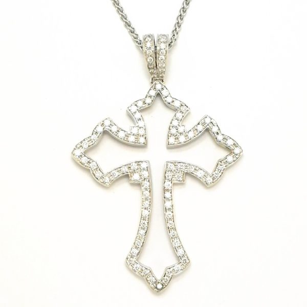 9ct White Gold Fancy Diamond Cross Pendant With Chain.