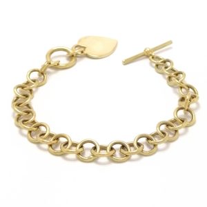 9ct Gold Belcher Link Bracelet With Heart Charm & T-bar