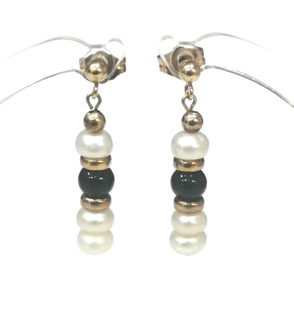 9ct Gold Fresh Water Pearl & Onyx Drop Earrings