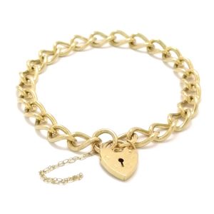9ct Gold Curb Link Charm Bracelet With Padlock & Safety Chain