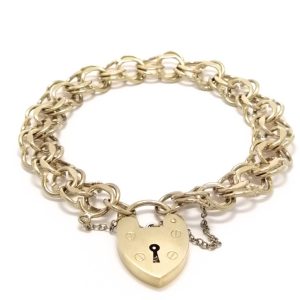 Vintage 9ct Gold Fancy Double Link Charm Bracelet With Heart Shaped Padlock & Safety Chain