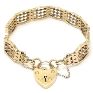 9ct Gold Fancy Link Gate Bracelet With Heart Padlock & Safety Chain