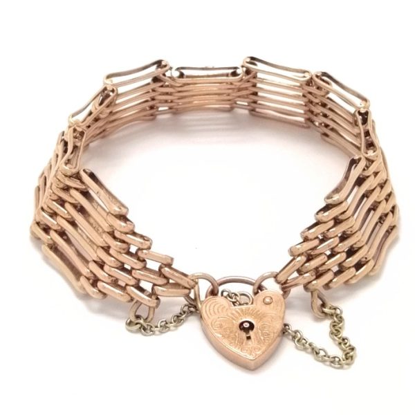 9ct Rose Gold 6 Bar Gate Bracelet With Heart Shaped Padlock & Safety Chain.