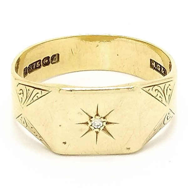 9ct Gold Square Top Signet Ring With Diamond Detail