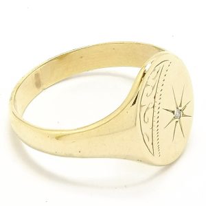 9ct Gold Oval Fancy Signet Ring With Diamond Detail