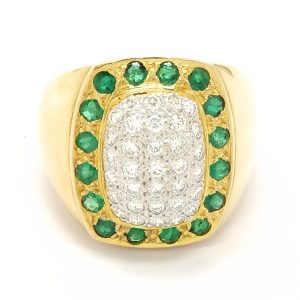 18ct Gold Cushion Shaped Diamond & Emerald Signet Ring
