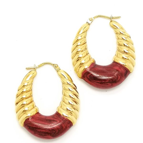 9ct Gold Fancy Creole Earrings With Red Resin Detail