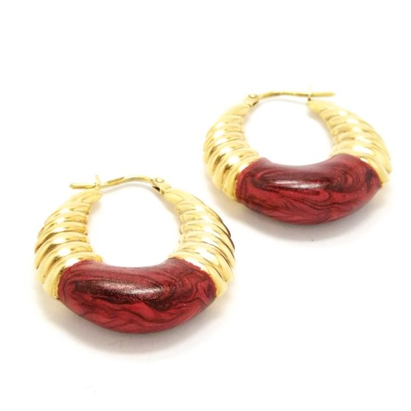 9ct Gold Fancy Creole Earrings With Red Resin Detail