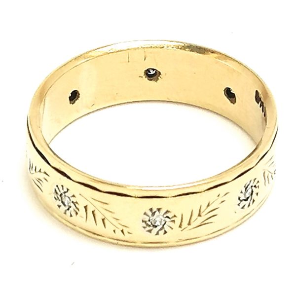 9ct Gold Diamond Detail Flower & Leaf Design Wedding Band Ring