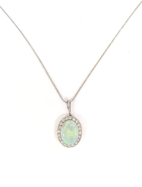 18ct White Gold Opal & Diamond Pendant on Chain