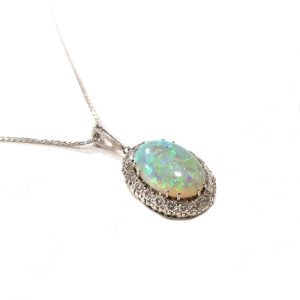 18ct White Gold Opal & Diamond Pendant on Chain