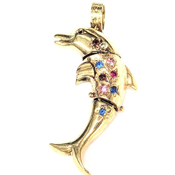 9ct Gold Multi coloured Stone Set Dolphin Pendant