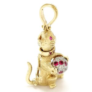 Vintage 9ct Gold Cubic Zirconia Cat Pendant With Stone Set Ball 1999