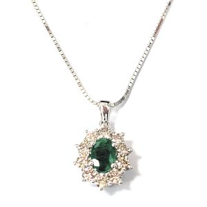 9ct White Gold Diamond & Emerald Flower Pendant