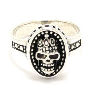 Silver Crowned Skull Oval Signet Style Ring