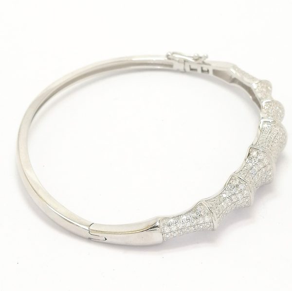Silver Fancy Bamboo Design Cubic Zirconia Hinged Bangle