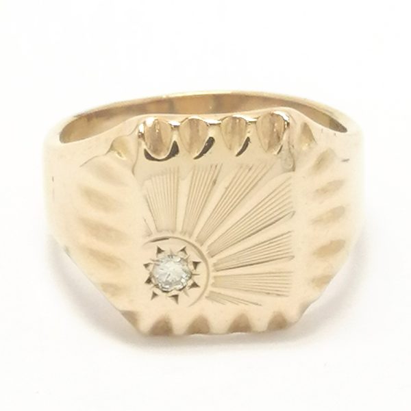 Vintage 9ct Gold Diamond Sun Burst Signet Ring