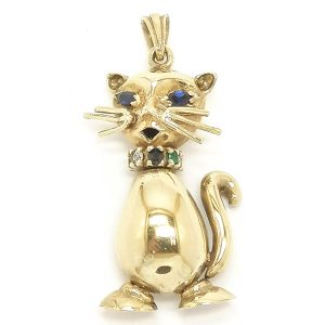 Vintage 9ct Gold Stone Set Animated Cat Pendant