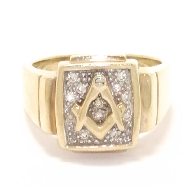 9ct Gold Diamond Masonic Signet Ring .15ct