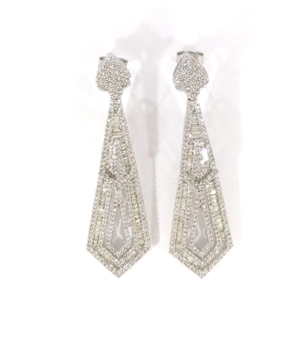 9ct White Gold Diamond Deco Style Drop Earrings 2.95ct