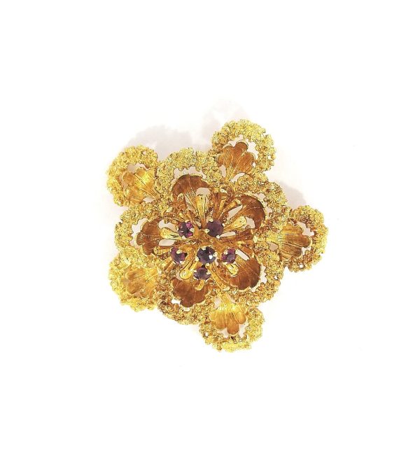 18ct Gold Ruby set Floral Brooch