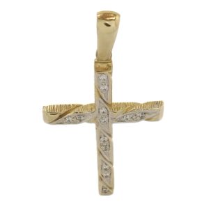 9ct Gold Cubic Zirconia Twist Design Cross Pendant.